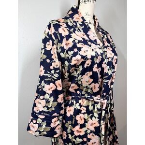 Papinelle Robe Women's M Navy Floral Print Cotton Kimono Belted Midi Length